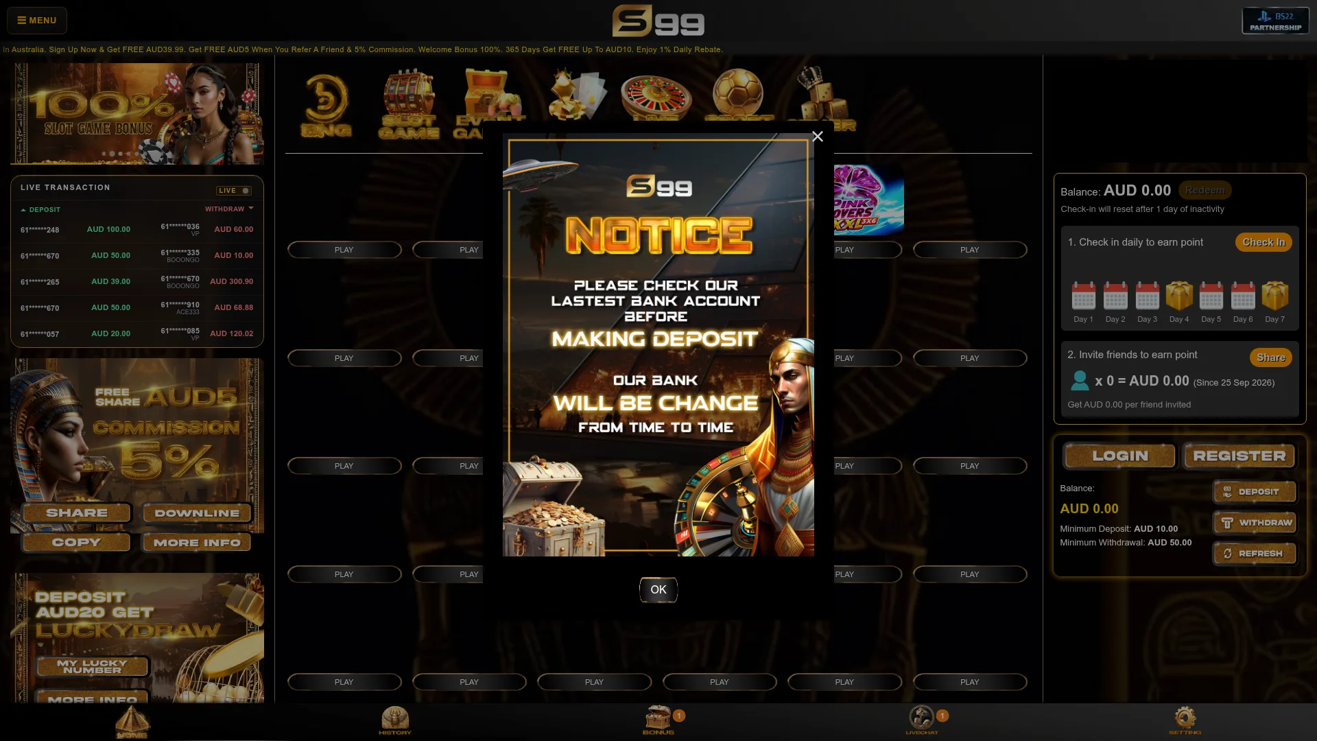 S99 Casino desktop browser interface